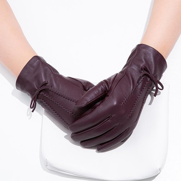 Guantes De Cuero Genuino Coloridos Para Mujer Guantes De Piel De Oveja Con Lazo Guantes De Ropa De Ciclismo CáLidos Para Mujer Para OtoñO E Invierno .-image