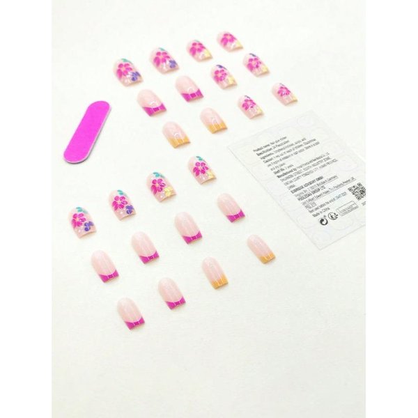 24 UñAs Postizas Largas Cuadradas Con Estampado Floral Estilo Y2K, 1 Lima De UñAs Y 1 LáMina De Cinta Adhesiva Para UñAs Postizas. Suministros Para UñAs. White-image