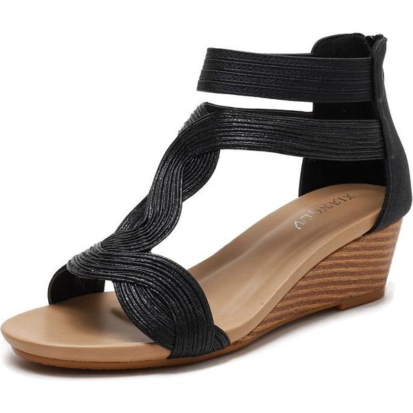 Sandalias Mujer Sandalias De TacóN Inclinado Europa Y Estados Unidos Talla Grande Zapatos Finos De Mujer Cremallera Trasera Sandalias Romanas 42 Black-image