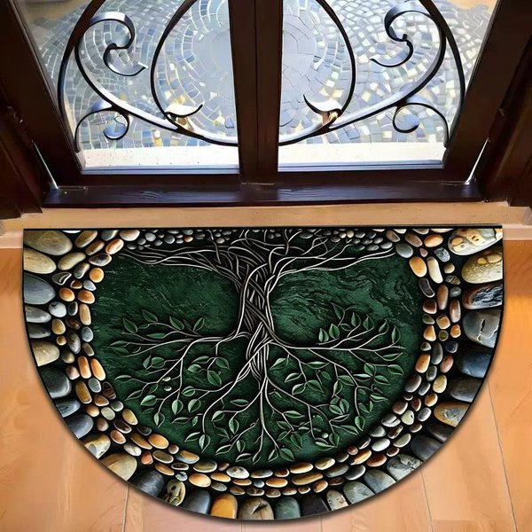 PółOkrąGłA Mata WejśCiowa Z Kamieni ŻWirowych Sunburst 3D Wizualna AntypośLizgowa ChłOnna Mata Przed Drzwi Vintage Rustykalny Dywanik Do Przedpokoju 50X80Cm 20X31Inch-image