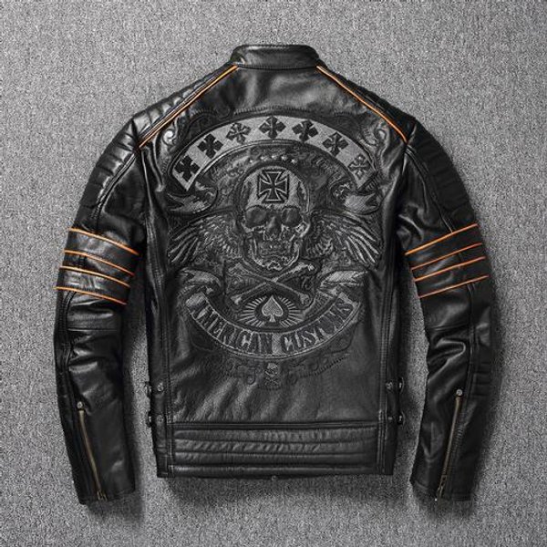 Abrigo De Piel De Vaca AutéNtica, Ropa De Cuero Genuino Para Hombre, Chaqueta De Motociclista Con Calavera Bordada, OtoñO, Talla AsiáTica 6XL 3XL-image