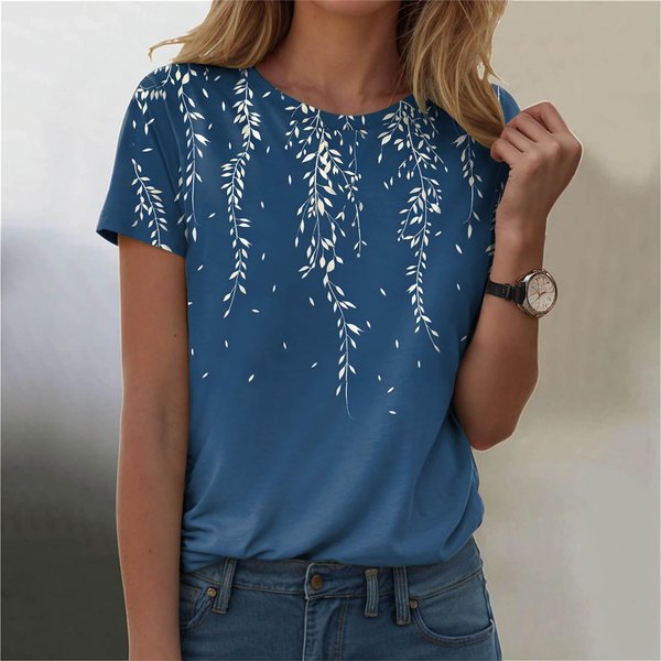 Camisetas De Verano Para Mujer Con Cuello Redondo, Estampado Floral 3D, Moda Casual De Manga Corta 5XL Azul Oscuro-image