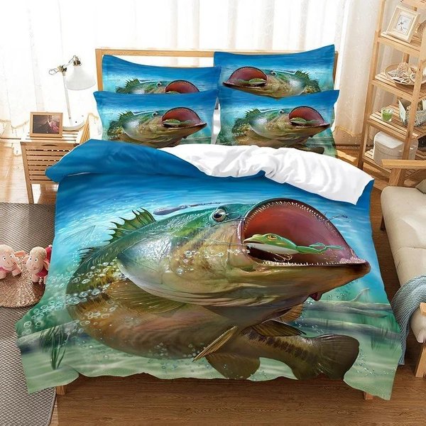 Funda NóRdica De Pez Lucio Grande King Queen Para NiñOs Adolescentes Adultos Microfibra Estampado 3D Juego De Cama Caza Y Pesca 135X200Cm-2Pcs Blue-image