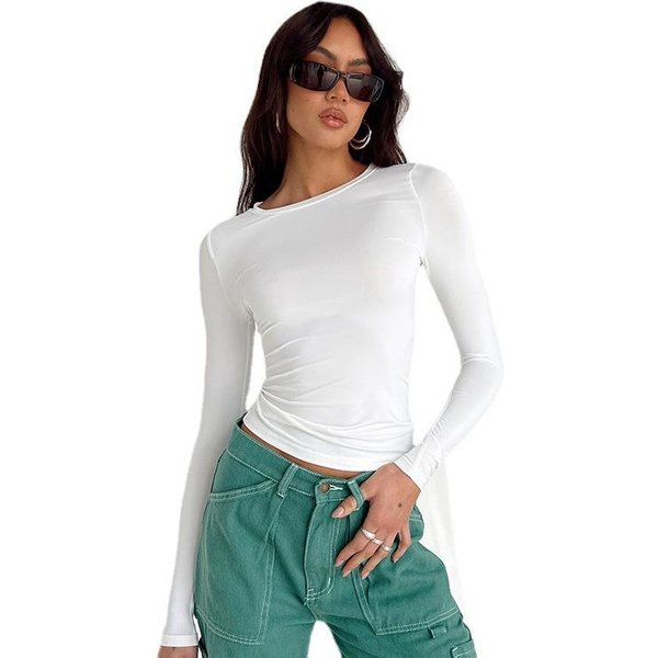 Ropa De Mujer Europea Y Americana Nueva De Color SóLido Cuello Redondo Ajustada Camiseta Interior Camiseta De Manga Larga Top L White-image