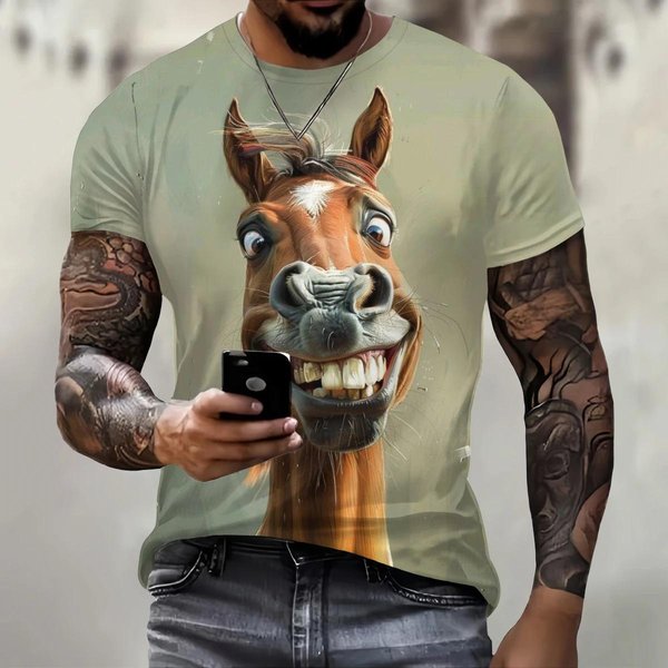 Camiseta Divertida Con Estampado De Burro En 3D Para Hombre, Ropa De Tendencia Urbana De Hip Hop, Camiseta Informal De Manga Corta Con Cuello Redondo, Camisetas Holgadas De Verano A La Moda XL Gray-image