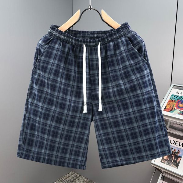 MęSkie KróTkie Spodenki Casual W Kratę, Elastyczny Pas Ze Sznurkiem, Letnie Spodenki PlażOwe (L-5XL) L(45Kg-55Kg)-image