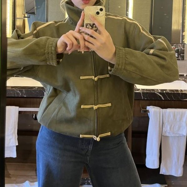 Chaqueta De Mujer Con Botones De Rana China Y2K Vintage Sudadera Con Cremallera Chaqueta Bomber Cuello Alto Preppy Streetwear M Verde-image