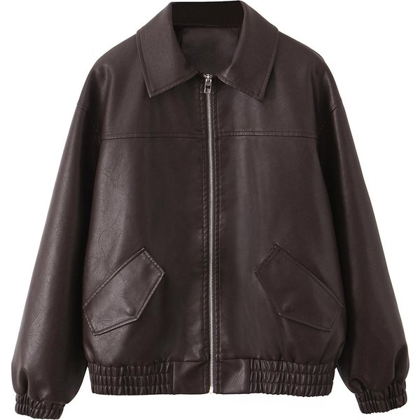 Ailegogo Streetwear Damska Retro LuźNa KróTka Kurtka Ze Sztucznej SkóRy PU Wiosna Jesień Damska Kurtka Na Zamek Vintage Moto Biker Okrycie Wierzchnie S Kawowy-image