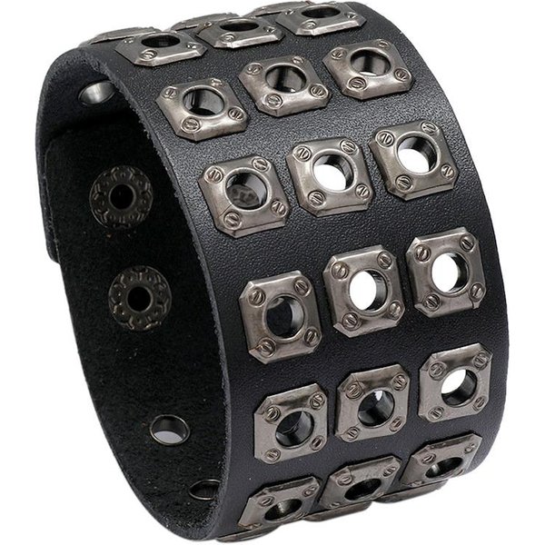 Pulsera Ancha De Cuero Genuino Con Remaches Retro JoyeríA De Moda Rock Punk Pulseras De Longitud Ajustable Pulsera Para MuñEca De Hombre Gray-image