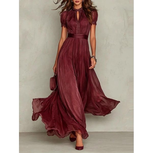 Vestido Largo Vintage De Encaje SóLido LíNea A Para Mujer Cuello Redondo Cintura Alta Plisado Vestido De Fiesta Verano Manga Corta Vestidos Maxi Fluidos Xxxl BorgoñA-image
