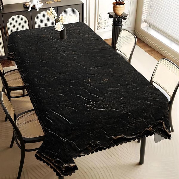 Rustykalny Obrus O Fakturze Czarnego Kamienia, WzóR Naturalnego Kamienia, Falbankowy Brzeg, Odporny Na Plamy, Do Jadalni I Domu W Stylu Industrialnym 140X240Cm-image