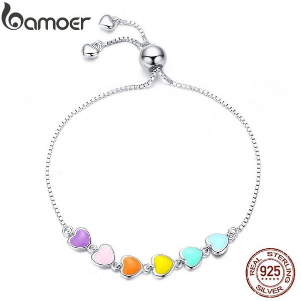 Kolor TęCzy Emaliowana Bransoletka W KształCie Serca Dla Kobiet W KształCie Serca 925 Sterling Silver Chain Bransoletka Antyalergiczna BiżUteria SCB158 White-image