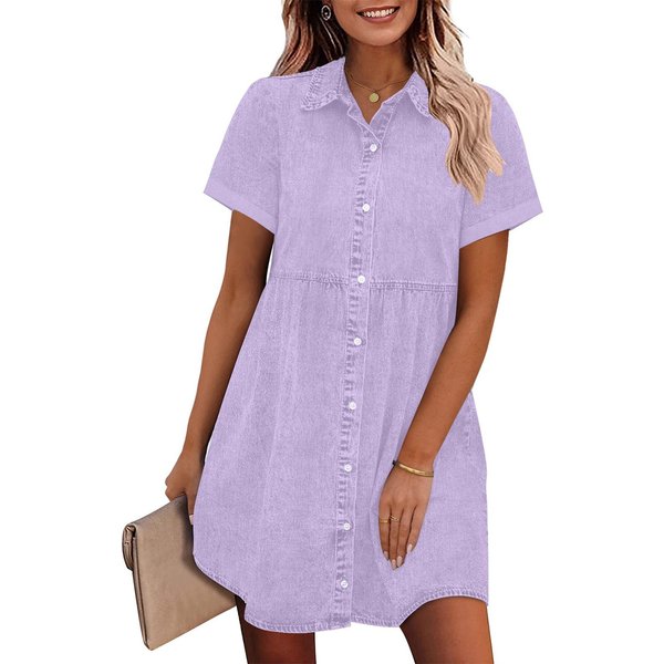 Damska Koszula Z KróTkim RęKawem Zapinana Na Guziki Sukienka DżInsowa XXL Gray-image