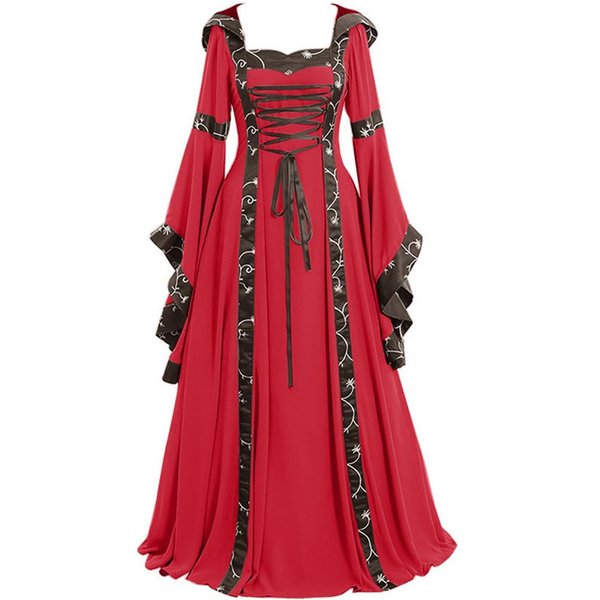 Sukienka Damska ŚRedniowieczny KróLewski Styl Sznurowana Z Kapturem RęKaw Nietoperz Sukienka Maxi Talia PodkreśLona Kwadratowy Dekolt Kostium Renesansowy Na Halloween WystęP Sceniczny Xxxl Red-image