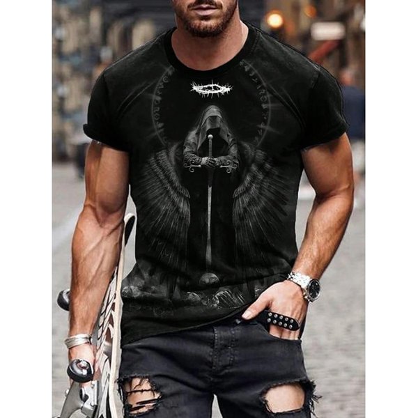 MęSki T-Shirt Z Nadrukiem Czaszki Modlitwy śMierci 2024 Nowy Letni Codzienny T-Shirt MęSki Outdoor Street Fashion Top Z KróTkim RęKawem XL-image