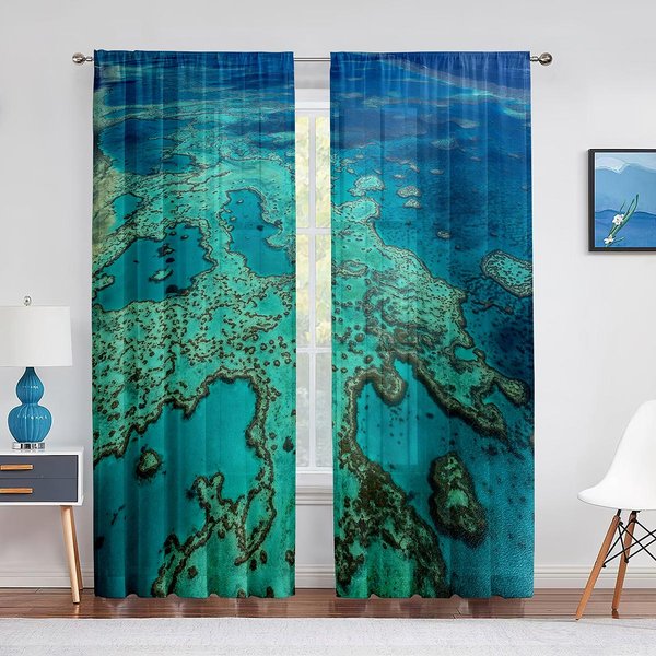 Przezroczyste ZasłOny ŚWiat Podwodny Ryby Koralowe Motyw Oceaniczny ŻYcie Morskie Tiulowe Woalowe ZasłOny Do Dekoracji Salonu Sypialni Kuchni 1 PCS W100Xh250Cm&Grommet Top Blue-image