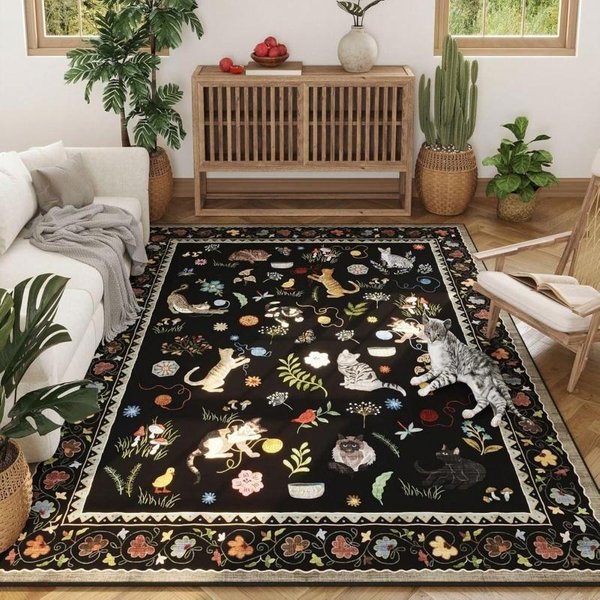 BeżOwy Vintage KreskóWkowy Kot Granica Z Polnymi Kwiatami DużY Filcowy Dywanik PodłOgowy AntypośLizgowy Dywanik Do Salonu W Stylu Wiejskim 50X80Cm-image