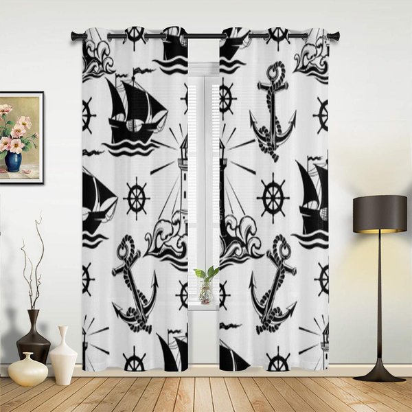 Latarnie Morskie I Kotwice Luksusowa ZasłOna Okienna Do Salonu Sypialni Dekoracja Domu Kuchnia Na ZasłOny Okienne 135W X 60H(Cm) X1 Black-image