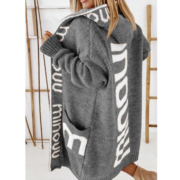 SuéTer De Punto OtoñO Invierno CáRdigan De Largo Medio Letra Con Capucha Tejido SuéTer De Mujer XL Gray-image