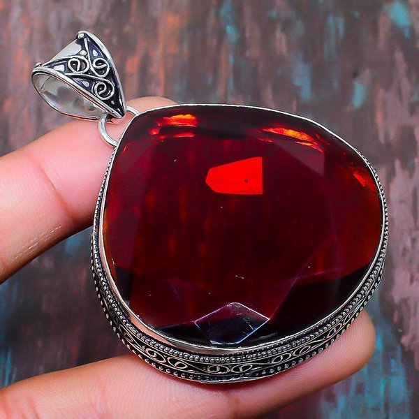 IncreíBle Vintage Mozambique Granate Piedra Preciosa 925 Plata De Ley Hecho A Mano JoyeríA Colgante 2.48 Inches Rojo-image
