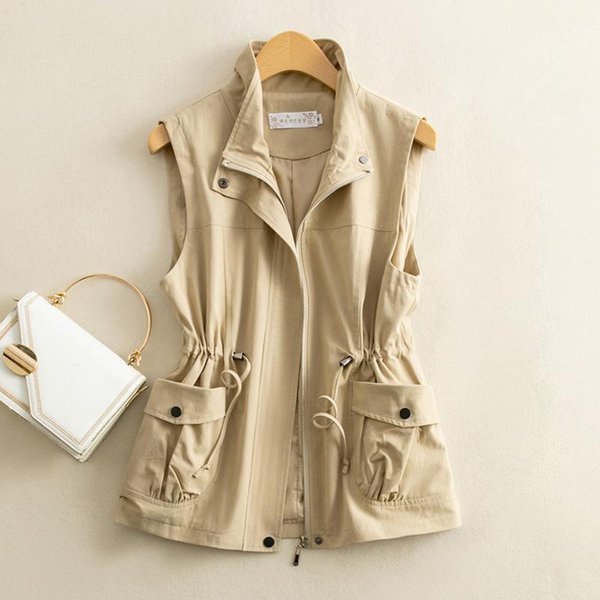 Chaqueta Chaleco Corto Para Mujer Slim Primavera OtoñO Casual Abrigo Sin Mangas De AlgodóN Puro Suelto Para SeñOras M Caqui-image