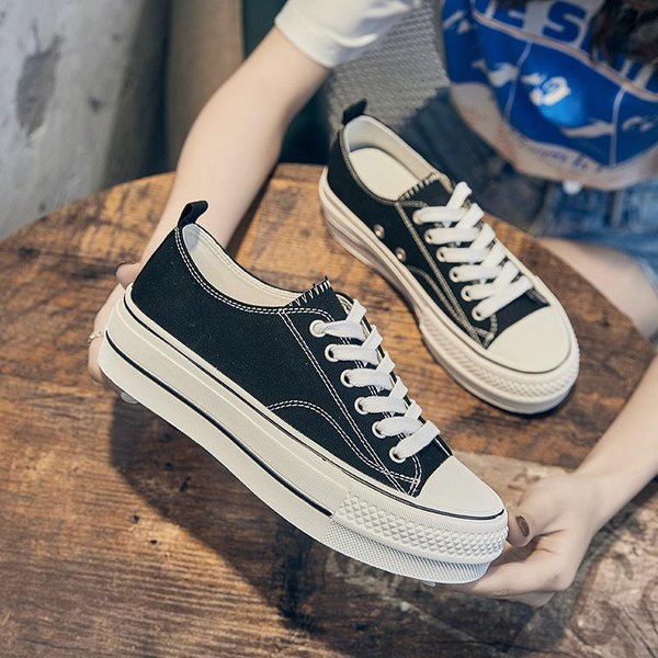 Zapatos De Lona Nuevos De Suela Gruesa Elevadores VersióN Coreana De Zapatos Blancos PequeñOs Zapatos Casuales Con Cordones Para Estudiantes Ins Zapatos De Moda Zapatos De Mujer 37 Negro-image