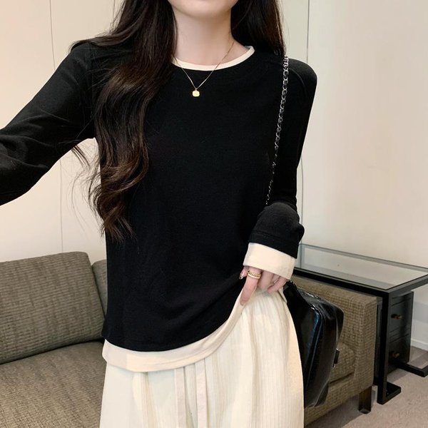 Camiseta BáSica De Manga Larga De Dos Piezas Falsas Para Mujer, Estilo Nuevo De Primavera, Color Contrastante, Corte Ajustado, Top Interior Ajustado 2XL Black-image