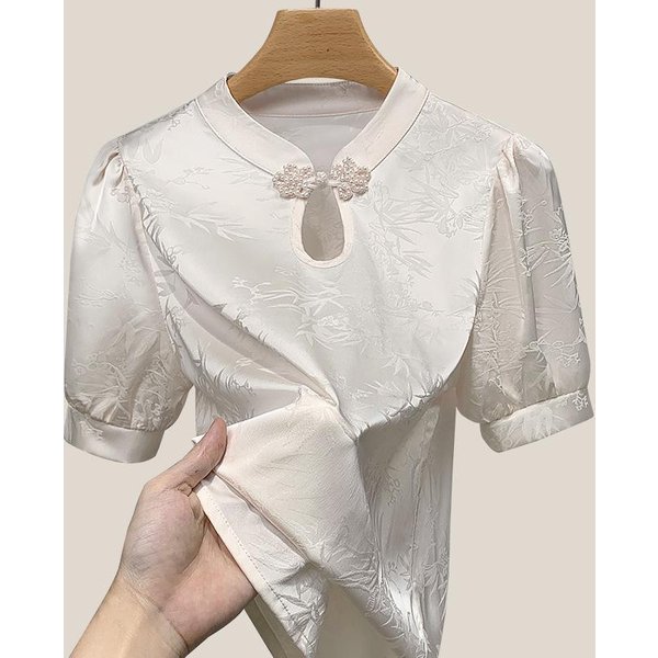 Camisa Jacquard Con Cuello Alto Para Mujer Verano Nuevo SatéN De Seda Hielo ImitacióN Delgado Nuevo Estilo Chino Top 3XL Gray-image