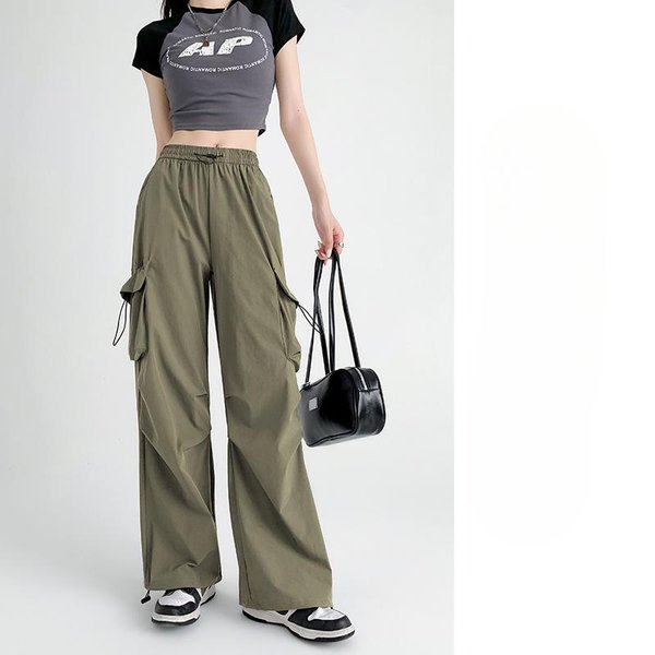 Pantalones De Trabajo De Pierna Ancha De Paracaidista Para Mujer En Verano Cintura Alta Pantalones Deportivos De MontañIsmo Sueltos Retro Casual Pantalones De Papel Arrugado Para Sprint XL Gray-image