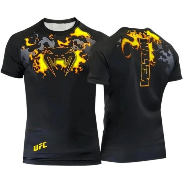 UFC Venum Camiseta De CompresióN Con Estampado De Llama Para Hombre Secado RáPido MMA BJJ Entrenamiento Manga Corta Camiseta Gimnasio Entrenamiento Top AtléTico Negro 4XL Black-image