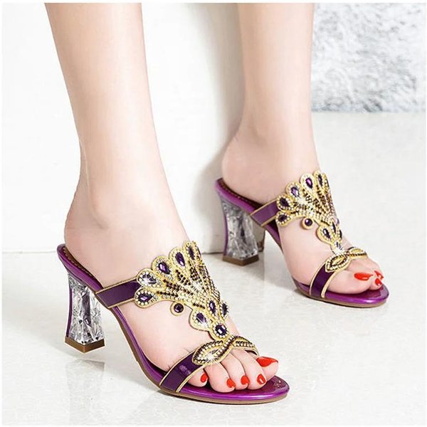 Sandalias De TacóN Alto Y Punta Abierta Para Mujer, Zapatos De TacóN Grueso Con Cristales De Diamante Y Suela Suave Personalizados, De Moda De Verano 35 PúRpura-image