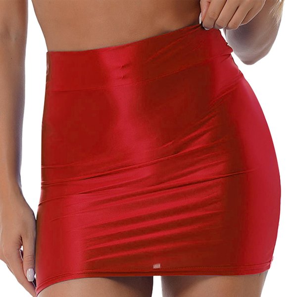 Damska BłYszcząCa Jednokolorowa SpóDnica OłóWkowa Na Co Dzień Z Wysokim Stanem Rave Party Clubwear Elastyczny Pas MinispóDniczka Do WystęPóW Na Scenie M Czerwony-image
