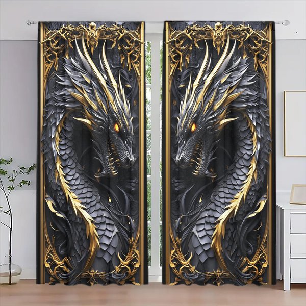 2 Szt. ZasłOna Z Nadrukiem 3D Czarnego Smoka Do Dekoracji Domu - Kieszeń Na Karnisz, Dekoracja Okna Do Sypialni, Biura, Kuchni, Salonu 132Cmx160Cm X 2Pcs-image