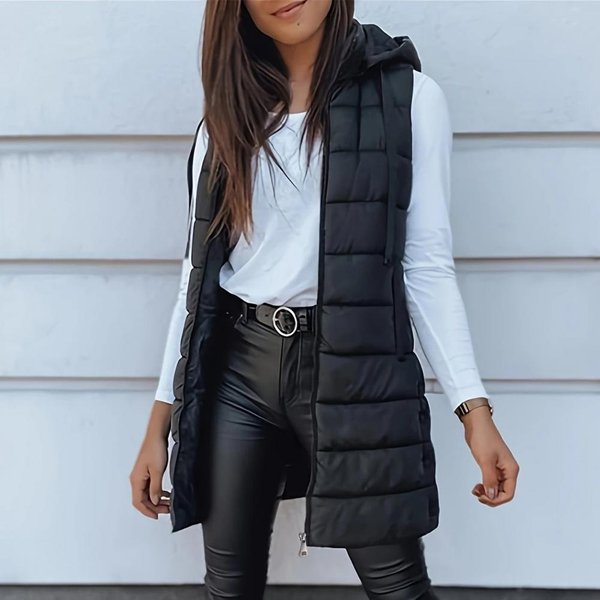 Chaleco De Plumas Para Mujer Chaleco Acolchado Para Mujer Informal Con Cremallera Chaleco Acolchado Acolchado Chaqueta Sin Mangas Con Capucha Ropa De Abrigo CáLida De Invierno XS Negro-image