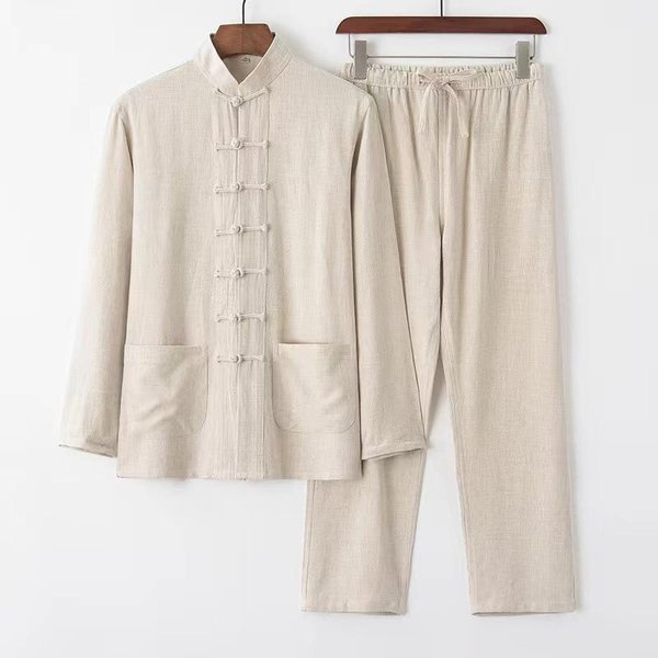 Traje Tang De AlgodóN Y Lino Estilo Chino Traje De Manga Larga Para Hombre Estilo Chino Retro Holgado Hanfu Top De Tai Chi Ropa Zen Ropa De Descanso Xxxl Beige-image