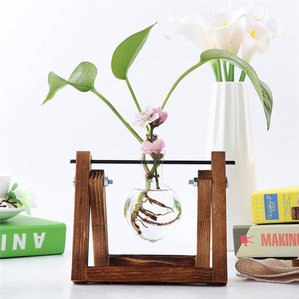 JarróN De Cristal Vintage Transparente Para Plantas HidropóNicas Con Soporte De Madera Para DecoracióN De Mesa Para El Hogar White-image