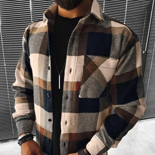 MęSka Koszula W Kratę Zapinana Na Guziki Kurtka Gruba Flanela DłUgi RęKaw Kieszeń Na Piersi Casualowa Odzież Wierzchnia Codzienna Odzież Uliczna Xxxl Gray-image