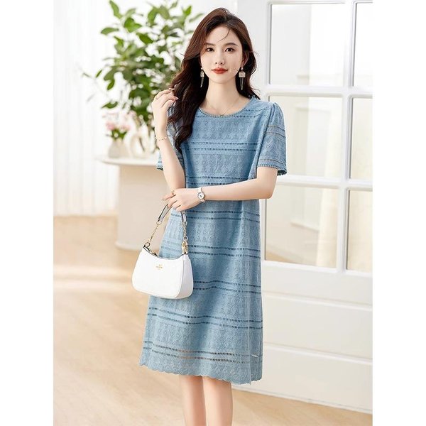 Vestido Azul De Manga Corta Para Mujer En Verano Nuevo Estilo Holgado Con CaíDa Falda Recta Ajustada 2XL Azul-image