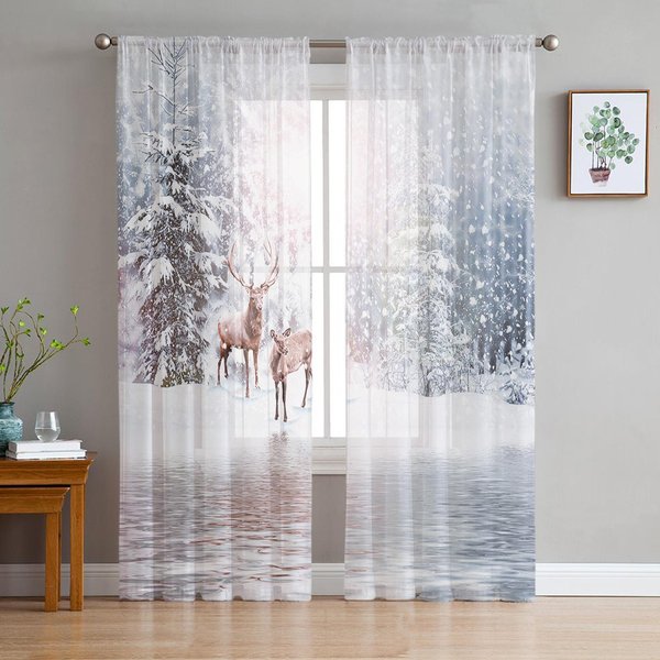 Cortinas TraslúCidas NavideñAs Bosque Copos De Nieve Reno Para DecoracióN De SalóN Cortinas De Ventana Cocina Tul Cortinas Voile W135 X H115Cm X1-image