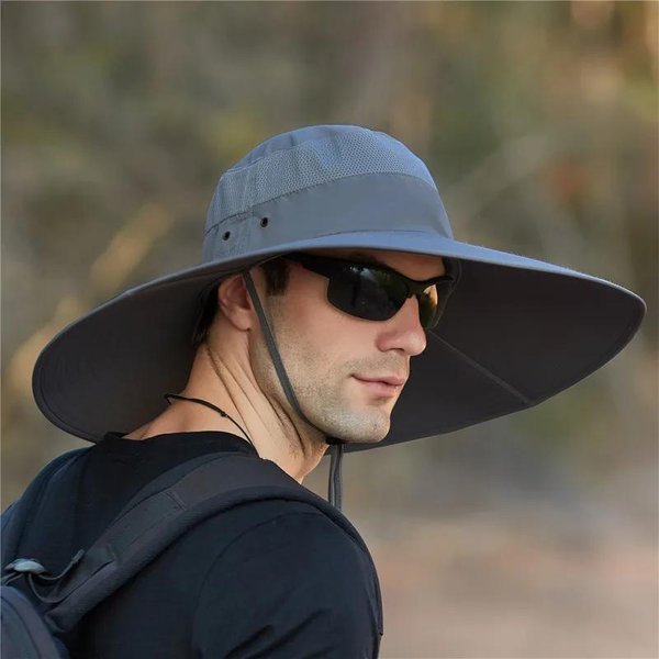 MęSki Kapelusz WęDkarski Outdoorowy Letni DużE Rondo Wodoodporny OddychająCy Ochrona PrzeciwsłOneczna Kapelusz Bucket Cap Unisex Gray-image