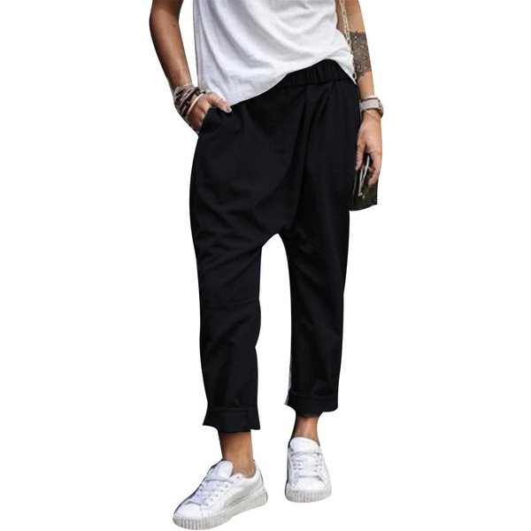 Pantalones Bombachos Holgados Informales De Talla Grande Para Mujer, Pantalones Largos Con Cintura EláStica De Color SóLido 3XL Negro-image