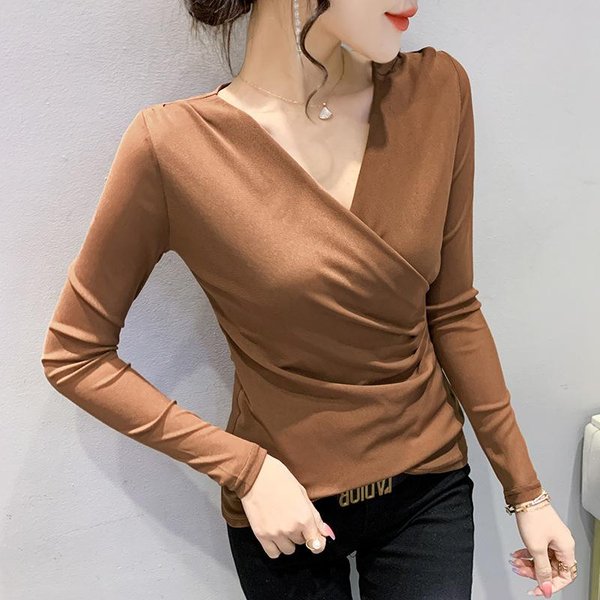 Camiseta De Malla Con Cuello En V Y Mangas Largas Para Mujer, Nuevo Estilo Primavera Y OtoñO, Top Ajustado Y Delgado, Camiseta Interior Base 3XL-image
