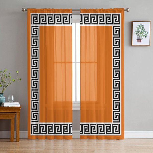 Cortinas GeoméTricas Transparentes De Estilo Chino Simple Naranja Para DecoracióN De Sala De Estar Cortinas De Ventana Cocina Tul Cortinas Voile W135 X H115Cm X1-image