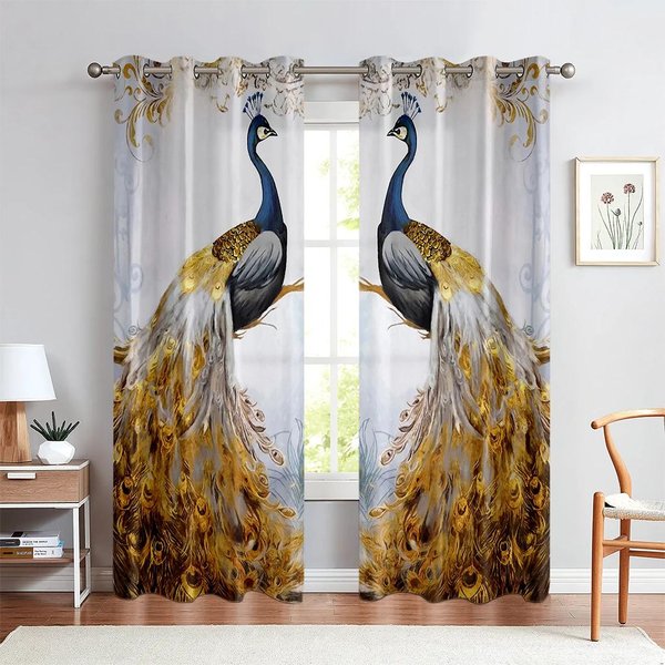 2 Cortinas Vintage Con Estampado Floral De Pavo Real Azul Y Dorado, Ideales Para Dormitorio, Sala De Estar Y Cocina. Cortinas Decorativas CóModas. W70Xh185(Cm)X2Pcs&Rod Pocket-image