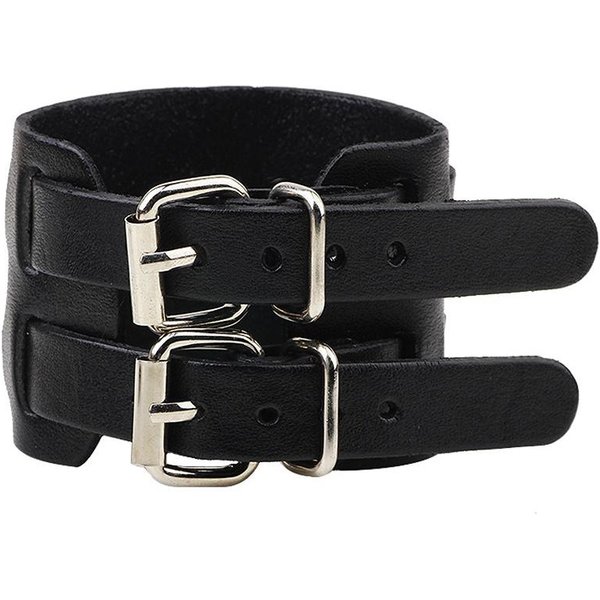 Pulsera Punk Unisex Ancha De Cuero Genuino Hebilla Doble Hombre Mujer Pulsera Envolvente Nueva JoyeríA De Moda-image