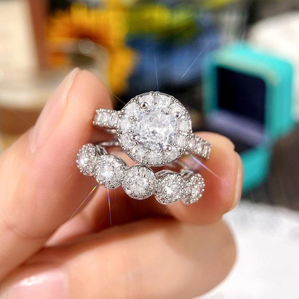 Huitan 2 Piezas Set Anillos De Moda Para Mujer Lujo IncrustacióN Brillante Circonita CúBica Boda Compromiso Fiesta Anillos Femeninos JoyeríA 8-image