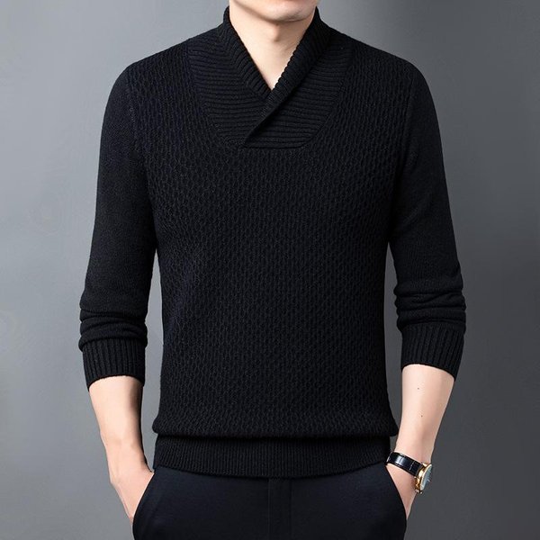 Camiseta De Punto CáLida Para Hombre De Primavera Y OtoñO Estilo Coreano Manga Larga Color SóLido Jacquard Top Casual Tendencia De Moda Para Hombre Xxxl Black-image