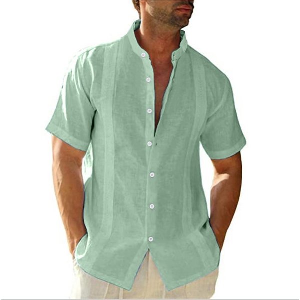 Camisas De Lino De Los Hombres Camisas De Manga Corta Con Botones Cuello Alto Casual Verano Hogar Camisas Diarias 3XL Verde-image