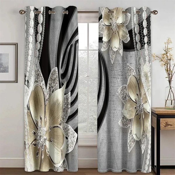 Acuarela Beige Hoja Flor Vintage Cortinas Estores Para Sala De Estar Dormitorio Infantil BañO Cocina Puerta DecoracióN Hogar 2 Piezas W60X150H(Cm)X2Pcs&Hook Gray-image