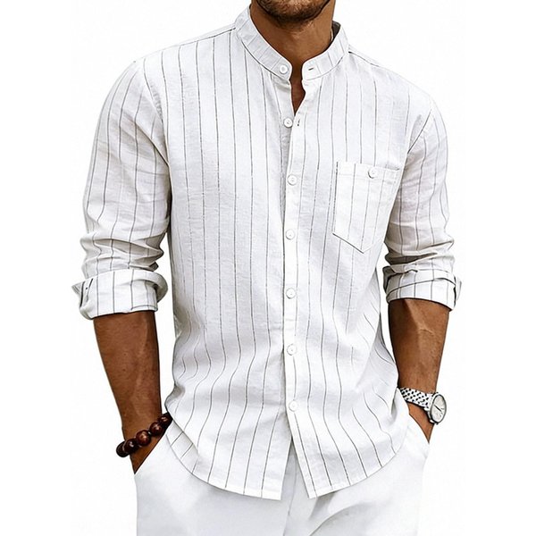 Camisa Casual De Lino A Rayas Para Hombre, Holgada, Con Cuello Mao, Manga Larga, Abotonada, Con Bolsillo L Blanco-image